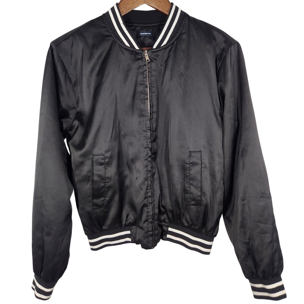 Brandy Melville Womens Long Sleeve Black Satin Bomber Jacket